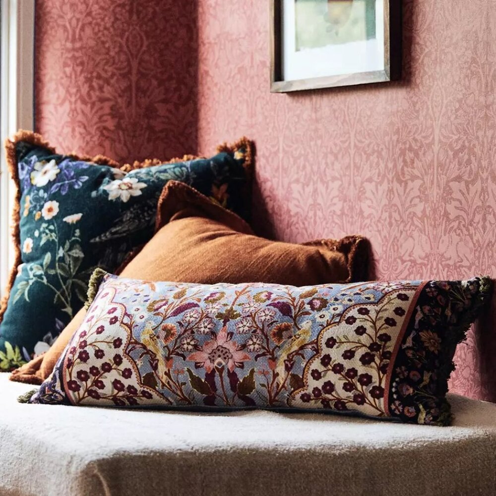 Anthropologie Floral Tapestry Bolster Pillow in Blue, Burgundy, Rust